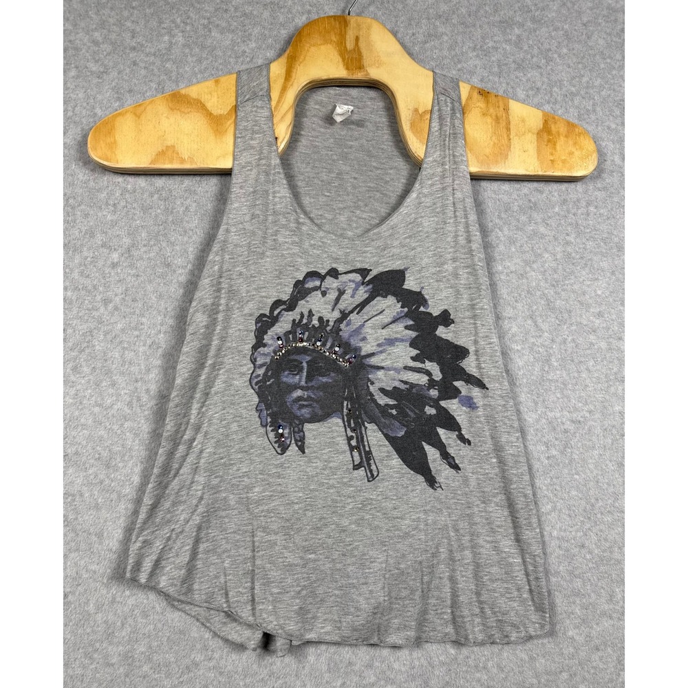 Graphic Tank Top Womens Small Gray Rhinestone Headdress Racerback